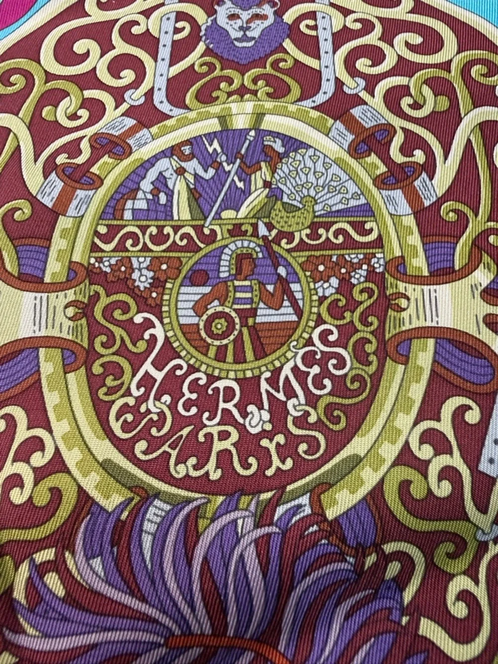 Hermes Silk Scarf Sous Le Gide De Mars Armor Purple Teal Gold Authentic - Picture 8 of 12